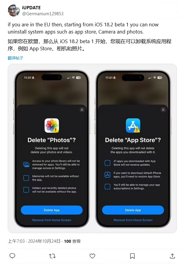 江陵苹果手机维修分享iOS 18.2 支持删除 App Store 应用商店 